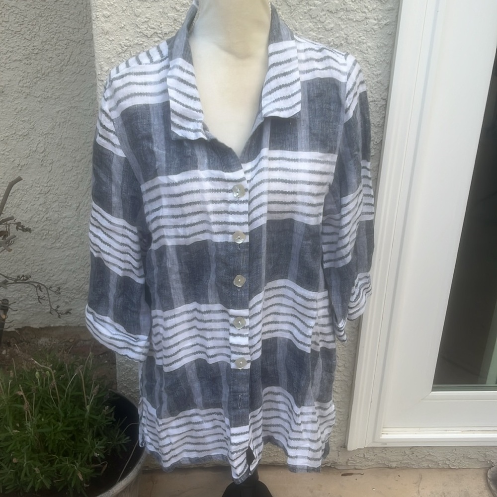 Habitat clothes to live in Grey & White Stripe Linen Button Blouse Womens Size L
